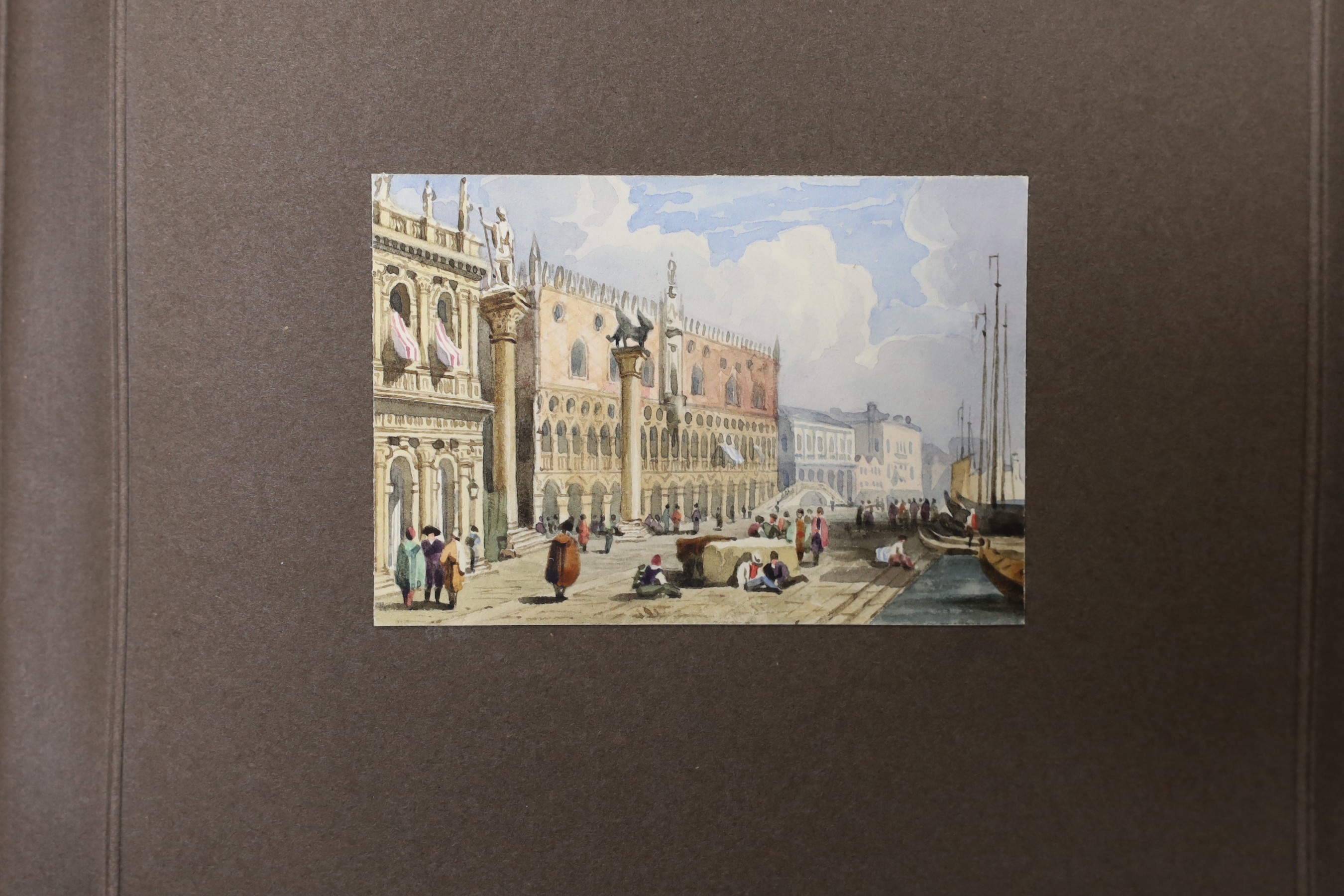 Commonplace book (Delarue, Cornish & Rock) belonging to Lady Georgiana Hanmer (nee Chetwynde, d.1880) ; a leather bound album of assorted watercolours and other sketches including Views of Venice in the manner of Prout,